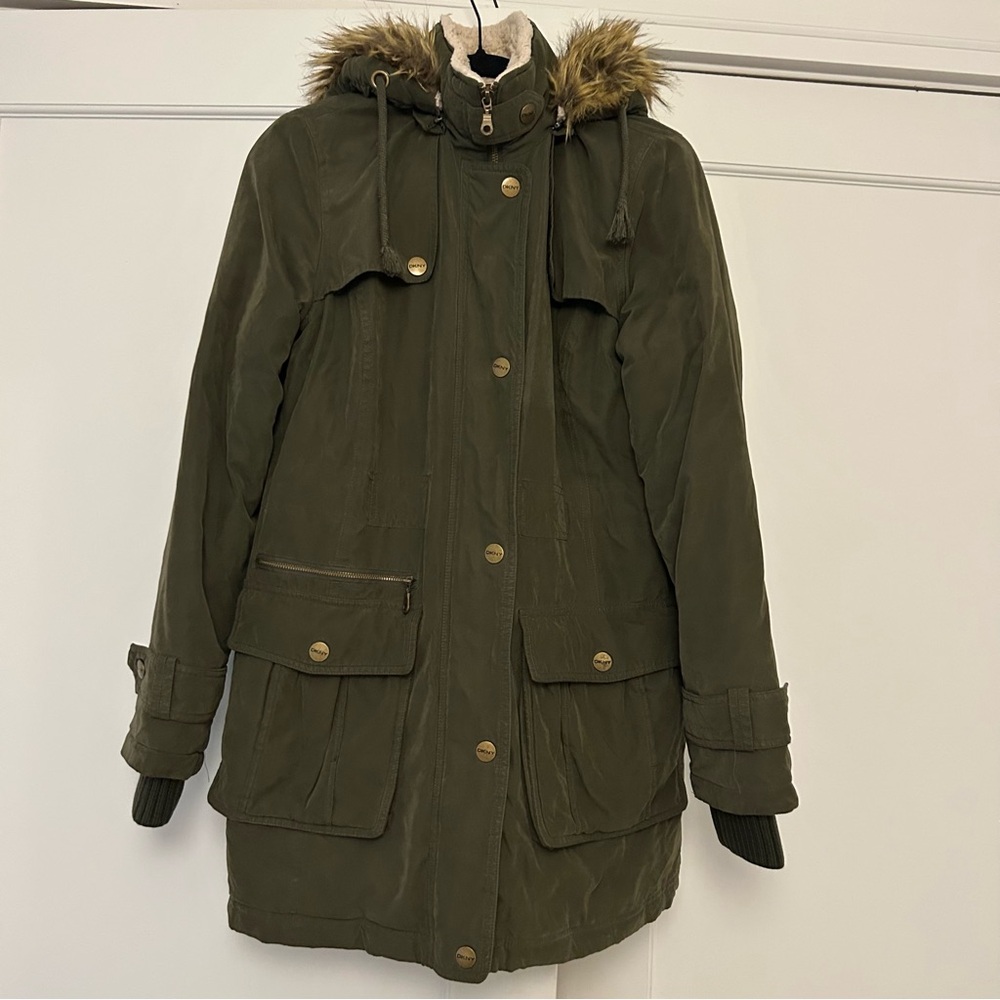 ✨FLASH SALE✨ DKNY Olive Winter Coat with Faux Fur Hood